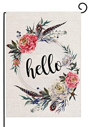 pingpi Hello Floral Wreath Garden Flag Vertical Double Sided 12.5 x 18 Inch Easter Spring Summer Welcome Yard Decor