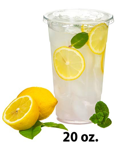 100 Set Disposable Crystal Clear Plastic Cups with Flat Lids (20oz)