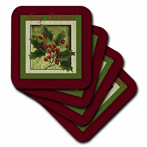 3dRose CST_108377_3 Holly Berry Branch, Merry Christmas-Ceramic Tile Coasters, Set of 4