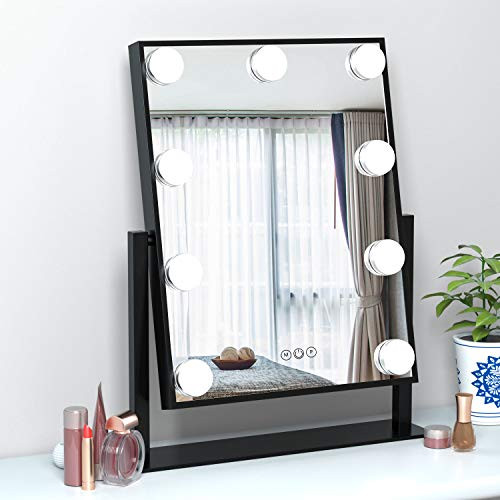 FENCHILIN Hollywood Mirror with Light Large Lighted Makeup Mirror Vanity Makeup Mirror Smart Touch Control 3Colors Dimable Light Detachable 10X Magnification 360rotation(Black)