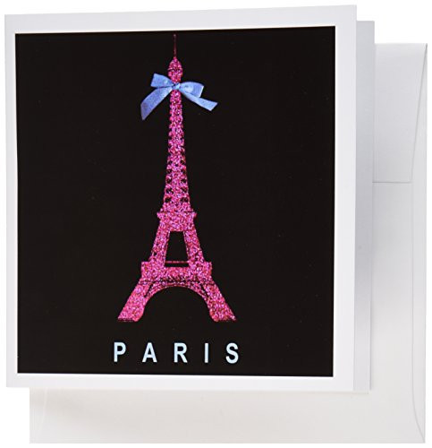 3dRose Hot Pink Paris Eiffel Tower from France blue ribbon bow - Black Stylish Modern France - Greeting Cards, 6 x 6 inches, set of 6 (gc_112908_1)