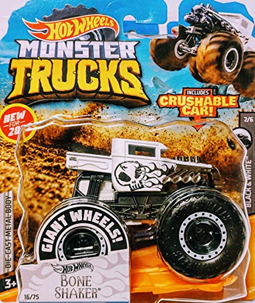 Hot Wheels Monster Jam Bone Shaker Includes Crushable Car 16/75 Black and White 2/6