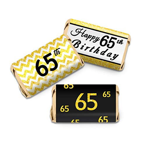65th Birthday Party Mini Candy Bar Wrappers - Black and Gold - 45Stickers