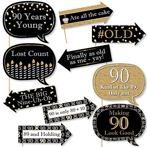 Big Dot of Happiness Funny Adult 90th Birthday - Gold - Birthday Party Photo Booth Props Kit - 10 Piece