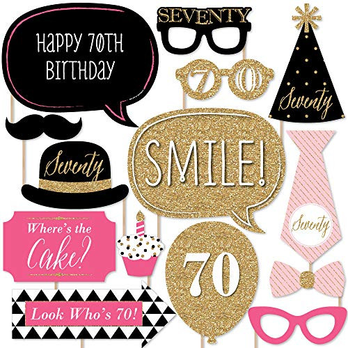 Chic 70th Birthday - Pink, Black and Gold - Photo Booth Props Kit - 20 Count