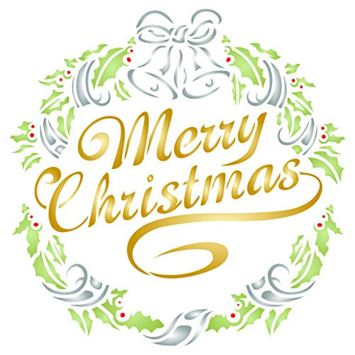 Christmas Wreath Stencil, 10 x 10 inch (M) - Holiday Merry Christmas Holly Ribbon Wall Stencils