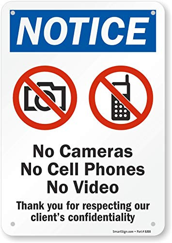 SmartSign "Notice - No Cameras, Cell Phones, Video" Sign | 7" x 10" Aluminum