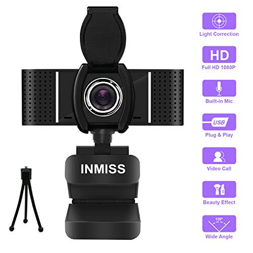 Full HD Webcam 1080P with Microphone Free Tripod Cover Slide - 120 Wide Angle Webcams Streaming USB Web Camera - Pro Computer Camera for Video Calling, Recording, Conferencing, Skype, OBS, PC Laptop