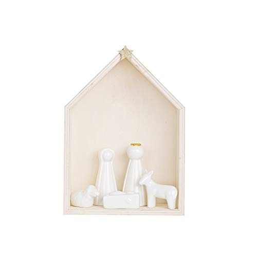 Creative Co-op Wood Nativity with Ceramic (Set of 6 Pieces) Figures and Figurines, White