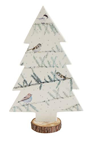 Creative Co-op Stoneware Tree with Birds on Wood Slice Base, 13.5", White