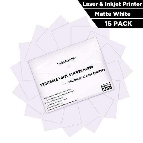 Printable Vinyl Sticker Paper -Waterproof Printable Vinyl for Laser & Inkjet Printer 15 Self-Adhesive Sheets - Matte White - Standard Letter Size 8.5"x11" Printable Vinyl Sticker Paper -Waterproof Printable Vinyl for Laser & Inkjet Printer 15 Self-Adhesive Sheets - Matte White - Standard Letter Size 8.5"x11"