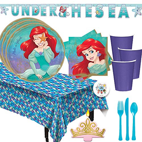 Princess Ariel The Little Mermaid Birthday Party Supplies Pack For 16 With Princess Ariel Party Plates, Napkins, Mermaid Tablecover, Princess Candle,