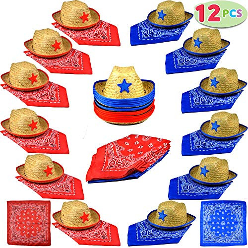 JOYIN Toy Pack of 12 Childs Straw Cowboy Hats with Cowboy Bandannas (6 Red & 6 Blue) Party Favors
