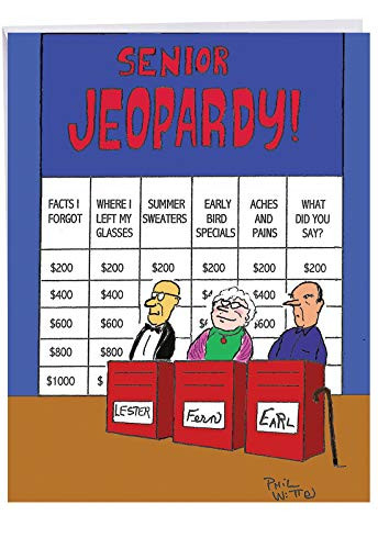 Senior Game Show - Funny Happy Birthday Greeting Card with Envelope (8.5 x 11 Inch) - Cartoon Bday Notecard for Old People, Grandparents J6291