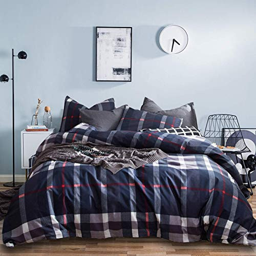 Jumeey Navy Plaid Duvet Covet Twin White Red Brown Blue Buffalo Plaid Bedding Sets Twin Cotton Boys Teens Grid Checkered Gingham Bedding Twin Size Reversible Dark Comforter Cover Set 3 PCS