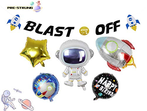 KAPOKKU Blast Off Cake Topper Space Themed Party Supplies For Kids Birthday Galaxy Astronaut Themed Party Decoration (Blast Off Banner Balloon)