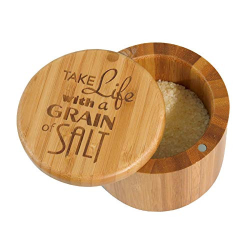 Totally Bamboo Salt Box Bamboo Storage Box, with Magnetic Swivel Lid,"Take Life Bamboo Storage Box, with a Grain of Salt" Permanently Engraved on Lid Totally Bamboo Salt Box Bamboo Storage Box, with Magnetic Swivel Lid,"Take Life Bamboo Storage Box, with a Grain of Salt" Permanently Engraved on Lid