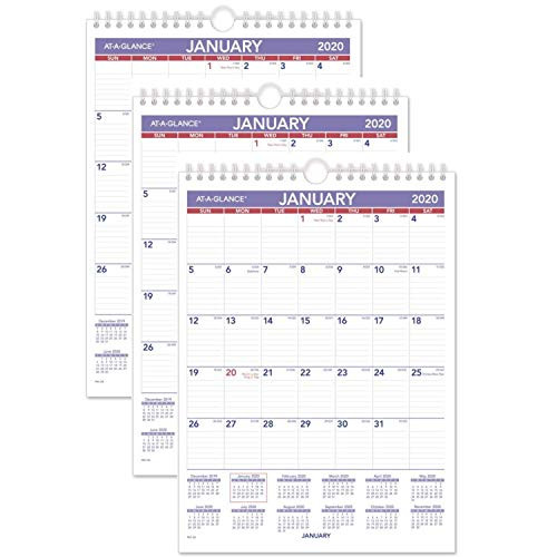 AT-A-GLANCE 2020 Monthly Wall Calendar, 8" x 11", Small, Wirebound (PM128) / 3 Calendars