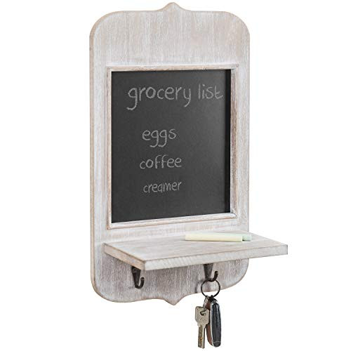 MyGift Wall Mounted Vintage Whitewashed Wood Chalkboard with Shelf and 2 Key Hooks