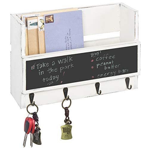 MyGift Vintage White Wood Wall Mounted Mail Holder with Chalkboard Label & Key Hooks