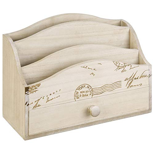 MyGift Vintage Postcard Design Whitewashed Desktop Wood Mail Holder with Drawer