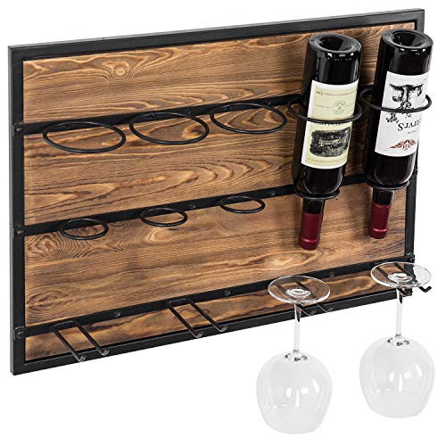 MyGift 5-Bottle Modern Burnt Wood & Black Metal Wall Mounted Wine Rack with 4 Glass Hangers