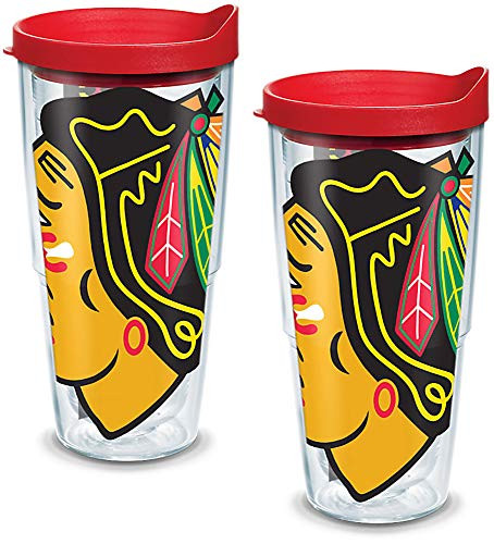 Tervis 1098760 NHL Chicago Blackhawks Colossal Tumbler with Wrap and Red Lid 2 Pack 24oz, Clear