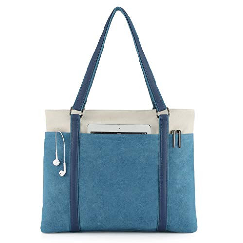 Women Laptop Tote Bag for Work Water Resistant Work Bag, Lightweight Splice Canvas 15.6 Inch Handbag Purse Shoulder Bag, Blue