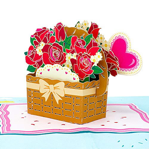 Paper Love Flower Basket Pop Up Card, Handmade 3D Popup Greeting Cards, for Valentines Day, Mothers Day, Wedding, Anniversary, Birthday, Love, Thank You, Get Well, All Occasions