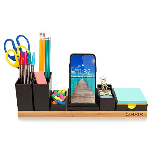 Desk Organizer with Adjustable Pen Holder, Pencil Cup, Phone Stand, Sticky Note Tray, Paperclip Storage, and Office Accessories Caddy, Desktop Organization for Cubicle or Home Office, Natural