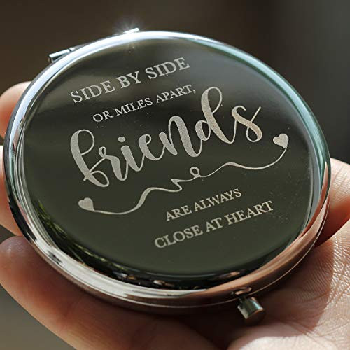Side by Side or Miles Apart Friends Gifts - Best Friend Long Distance Friendship Gifts for Women - Birthday, Christmas Gifts for BFF, Bestie, Soul Sister, Girlfriends - Makeup Mirror Silver