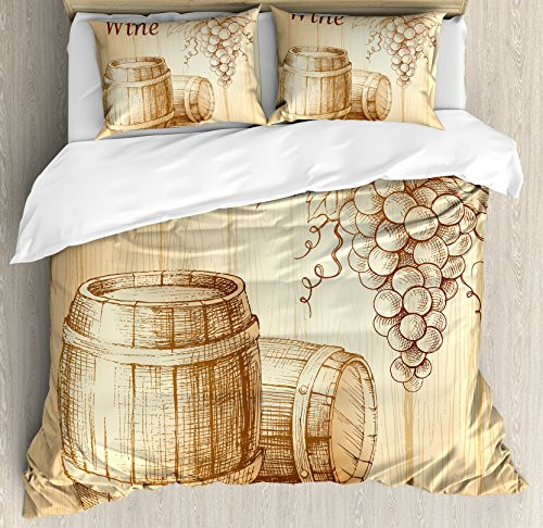 Ambesonne Wine Duvet Cover Set, Wooden Barrels and Bunch of Grapes on Wood Backdrop Botany Harvest Theme Artwork, Decorative 3 Piece Bedding Set with 2 Pillow Shams, Queen Size, Brown Peach