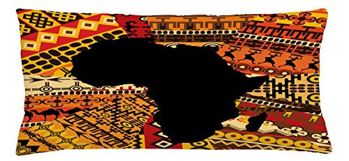 Lunarable African Throw Pillow Cushion Cover, Abstract Style Map on Carpet Background Illustration, Decorative Rectangle Accent Pillow Case, 36" X 16", Black and Orange