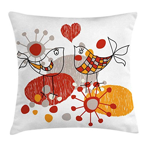 Ambesonne Valentines Throw Pillow Cushion Cover, Love Birds with Hearts Romantic Spring Fun Happy Sketch, Decorative Square Accent Pillow Case, 18" X 18", Marigold