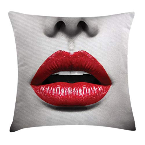 Ambesonne Red and Black Throw Pillow Cushion Cover, Cosmetic Lipstick in Vivid Alluring Colors Photo of Model Lips, Decorative Square Accent Pillow Case, 20" X 20", Grey Scarlet