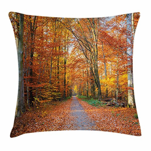 Ambesonne Fall Throw Pillow Cushion Cover, Pathway Covered with Fallen Leaves Through Fall Forest Vibrant Trees Print, Decorative Square Accent Pillow Case, 20" X 20", Yellow Green