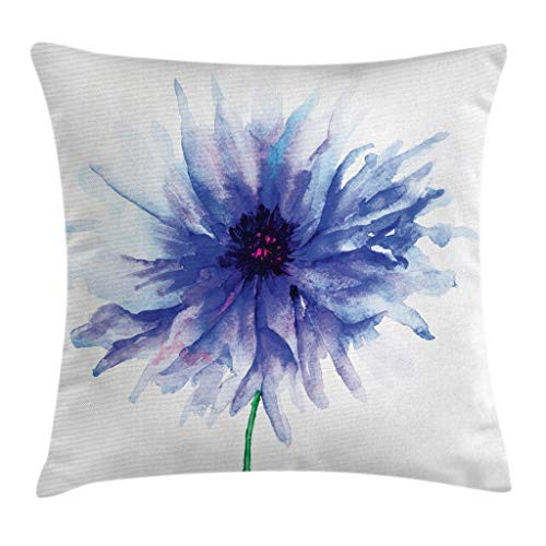 Ambesonne Watercolor Flower Throw Pillow Cushion Cover, Single Large Petite Cornflower Plain Background Mother Earth Paint, Decorative Square Accent Pillow Case, 20" X 20", Violet Blue