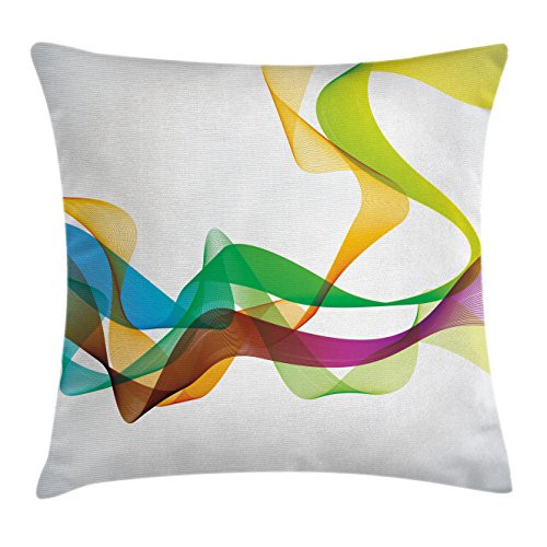 Ambesonne Abstract Throw Pillow Cushion Cover, Styled Wavy Ribbon Line and Smoked Rainbow Like Cool Graphic Artwork, Decorative Square Accent Pillow Case, 20" X 20", Multi Colored