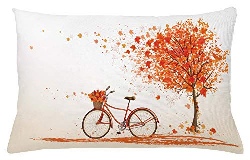 Ambesonne Bicycle Throw Pillow Cushion Cover, Autumn Tree with Aged Old Bike and Fall Tree November Day Fall Season Park Nature Theme, Decorative Rectangle Accent Pillow Case, 26" X 16", Orange