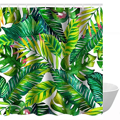 Get Orange Green Banana Brightness Leaves Decor Waterproof Fabric Polyester Shower Curtain Decor Set With Hooks 72X72 Inches