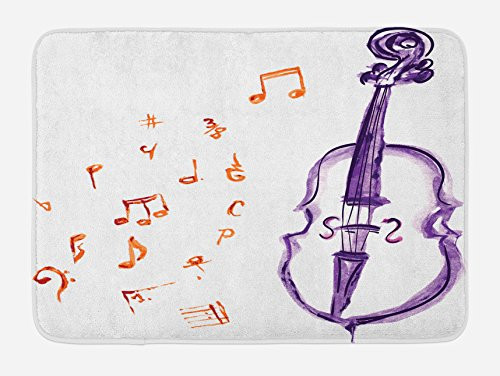 Ambesonne Music Bath Mat, Musical Notes Instrument Violin Cello in Watercolors Style White Backdrop Print, Plush Bathroom Decor Mat with Non Slip Backing, 29.5" X 17.5", Purple Red