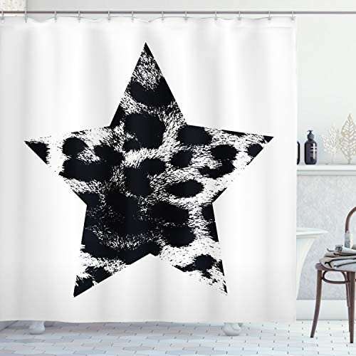 Ambesonne Leopard Print Shower Curtain, Star with Leopard Texture with Grunge Effect Hipster Geometrical Design, Cloth Fabric Bathroom Decor Set with Hooks, 70" Long, Black White