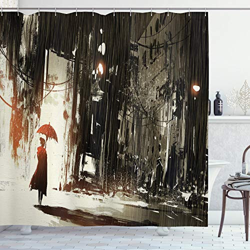Ambesonne Fantasy Shower Curtain, Woman with Umbrella in Rain Old Town Ruins Apocalypse Superhero Action Desgin, Cloth Fabric Bathroom Decor Set with Hooks, 70" Long, Beige Green