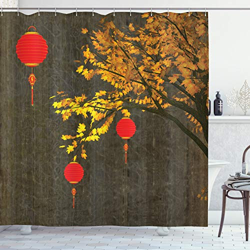Ambesonne Lantern Shower Curtain, Fall Tree Scarlet Lanterns Dramatic Shaded Vintage Inspired Seasonal Design, Cloth Fabric Bathroom Decor Set with Hooks, 70" Long, Red Orange