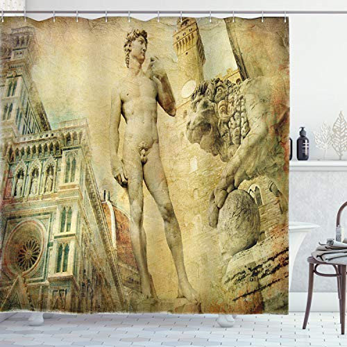 Ambesonne Italy Shower Curtain, Florence Art Collage Michelangelo David Renaissance, Cloth Fabric Bathroom Decor Set with Hooks, 70" Long, Pale Orange