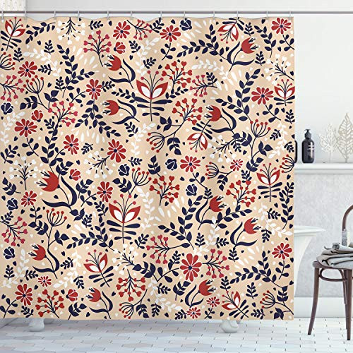 Ambesonne Floral Shower Curtain, Abstract Art Flowers and Leaves Blossoms Illustration Designed Print, Cloth Fabric Bathroom Decor Set with Hooks, 70" Long, White Beige