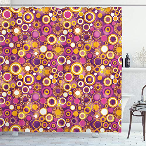 Ambesonne Geometric Shower Curtain, Retro Style 70s Like Vintage Circles and Rounds Water Drops Like Image Artwork, Cloth Fabric Bathroom Decor Set with Hooks, 75" Long, Purple Orange