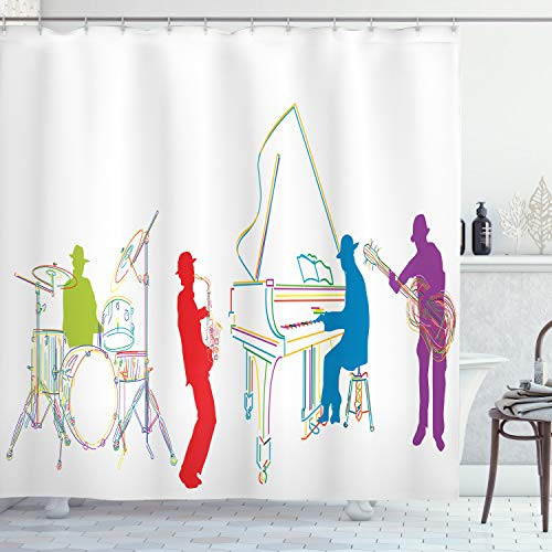 Ambesonne Music Shower Curtain, Vibrant Colored Jazz Band Instruments Modern Illustration Retro Style Music Art Print, Cloth Fabric Bathroom Decor Set with Hooks, 70" Long, White Green