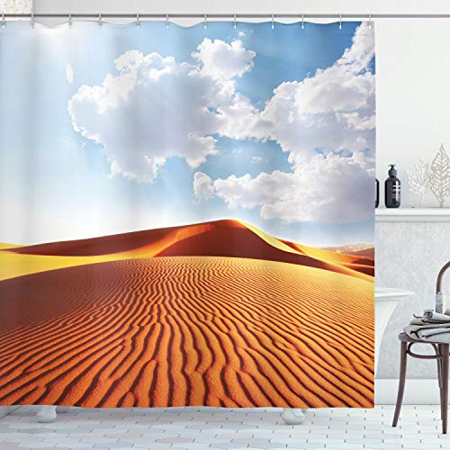 Ambesonne Desert Shower Curtain, Idyllic Landscape with Dunes Sunny Sky Clouds Tranquility Solitude, Cloth Fabric Bathroom Decor Set with Hooks, 70" Long, Pale Blue