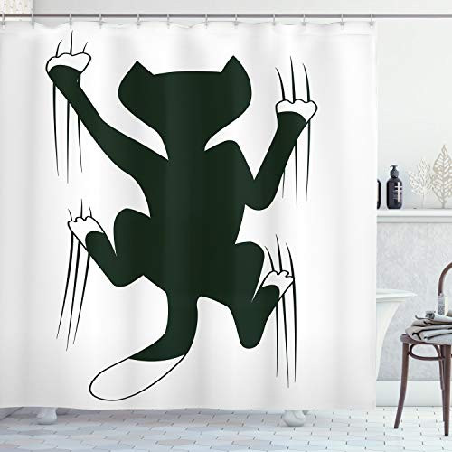 Ambesonne Modern Shower Curtain, Cat Scratching The Wall Animal Fun Kitty Pet Humor Illustration, Cloth Fabric Bathroom Decor Set with Hooks, 70" Long, Dark Green